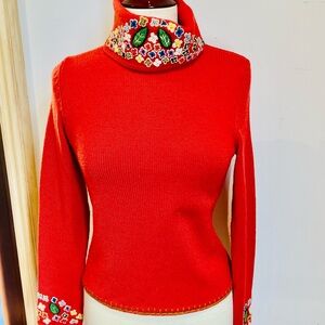Bibelot Vibrant Red Turtleneck Sweater with Floral Details